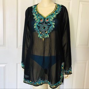 Noveau Beach M Chiffon Beaded Tunic Swim Cover up